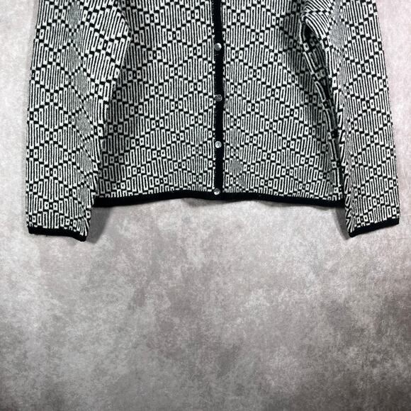 Ann Taylor Cardigan Sweater Womens Large Black White Print Lambswool Button Art‎ - Picture 3 of 10